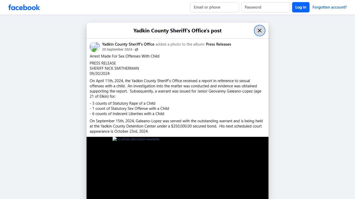 Arrest Made For Sex... - Yadkin County Sheriff’s Office Facebook